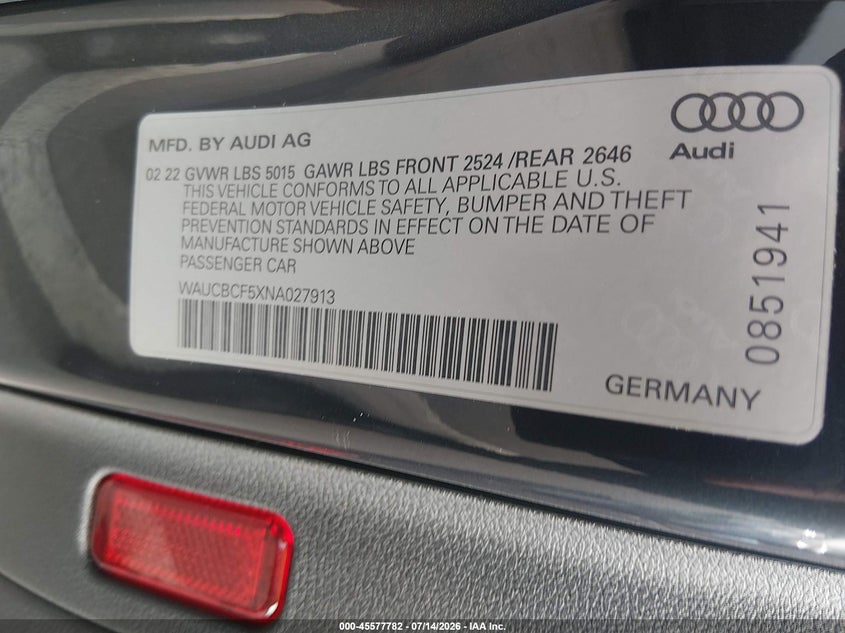 2022 Audi A5 VIN WAUCBCF5XNA027913 IAAI salvage auction — UNDERCARRIAGE, Salvage (North Carolina), sold $14,100 on 2026-07-29 (photo 9)