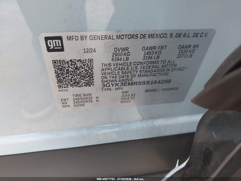 2025 Cadillac Optiq VIN 3GYK3EMR5SS164288 IAAI salvage auction — FRONT & REAR, Salvage Title, sold $11,400 on 2026-08-20 (photo 9)