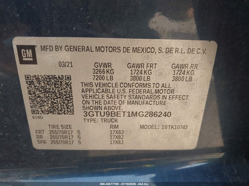 2021 Gmc SIERRA VIN 3GTU9BET1MG286240 IAAI salvage auction — FRONT END, Salvage Title, sold $9,200 on 2026-08-01 (photo 9)