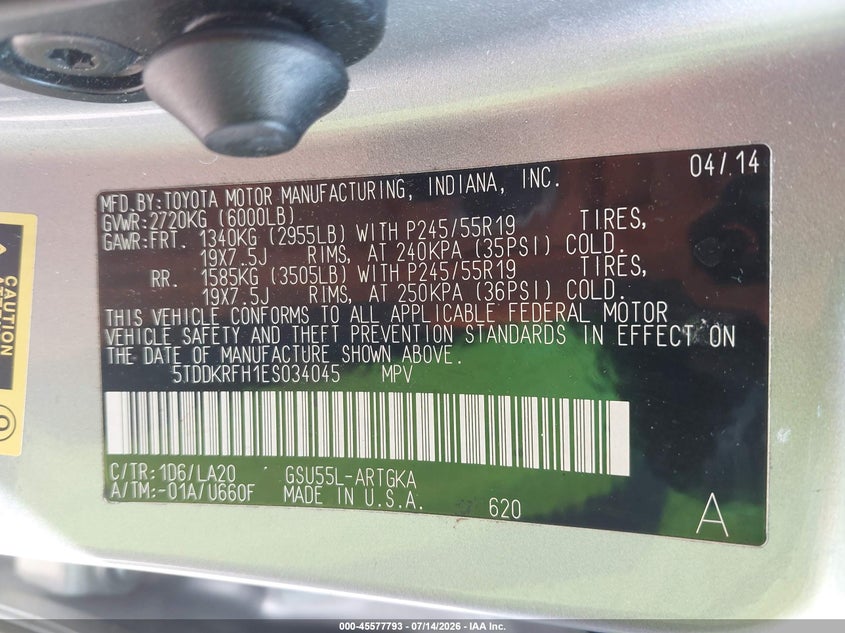 2014 Toyota Highlander VIN 5TDDKRFH1ES034045 IAAI salvage auction — FRONT END, Salvage - Greater Than 75% (Maryland), sold $4,950 on 2026-07-26 (photo 9)