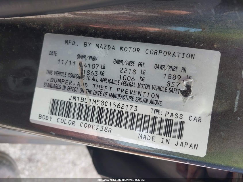 2012 Mazda 3 VIN JM1BL1M58C1562173 IAAI salvage auction — NORMAL WEAR, Clear (Illinois), sold $375 on 2026-07-27 (photo 9)