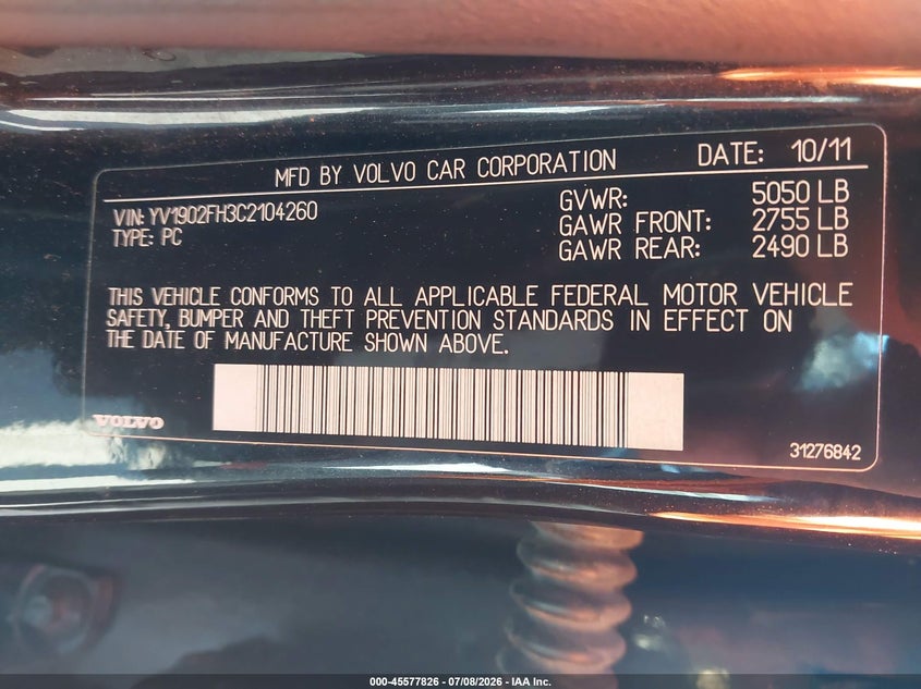 2012 Volvo S60 VIN YV1902FH3C2104260 IAAI salvage auction — NORMAL WEAR, Clear - Dealer Only (California), sold $1,100 on 2026-07-23 (photo 9)