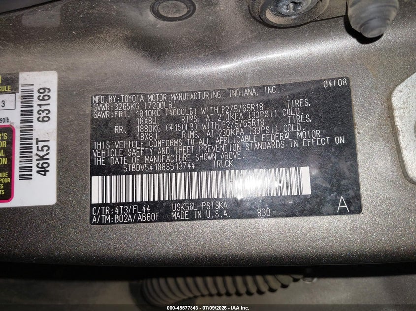 2008 Toyota Tundra VIN 5TBDV54188S513744 IAAI salvage auction — FRONT END, Salvage (Pennsylvania), sold $2,650 on 2026-07-30 (photo 9)