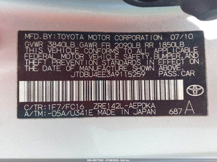2010 Toyota Corolla VIN JTDBU4EE3A9115259 IAAI salvage auction — FRONT END, Rebuildable (Florida), sold $1,050 on 2026-07-23 (photo 9)