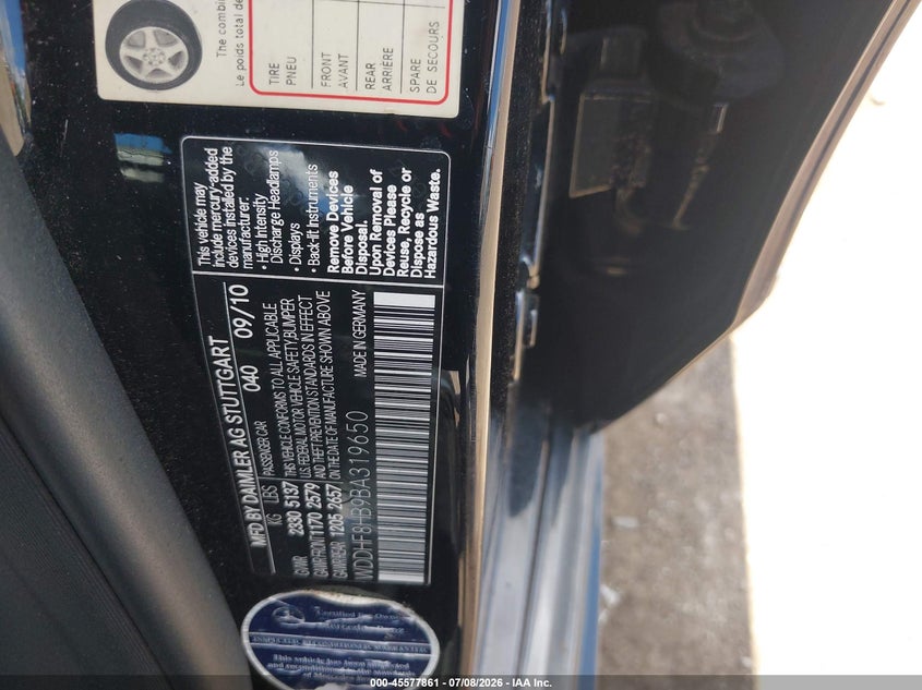 2011 Mercedes-benz E-class VIN WDDHF8HB9BA319650 IAAI salvage auction — UNKNOWN, Salvage (Pennsylvania), sold $1,100 on 2026-07-31 (photo 9)