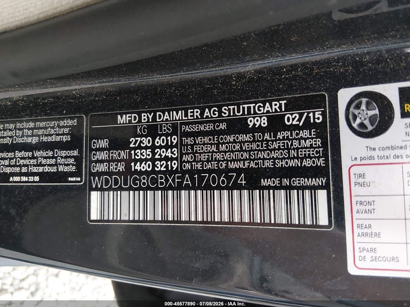 2015 Mercedes-benz S-klasse VIN WDDUG8CBXFA170674 IAAI salvage auction — NORMAL WEAR, Original (Kentucky), sold $1,350 on 2026-07-29 (photo 9)
