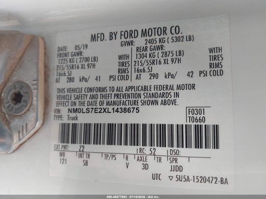 2020 Ford Transit VIN NM0LS7E2XL1438675 IAAI salvage auction — UNKNOWN, Salvage (Texas), sold $525 on 2026-07-28 (photo 9)