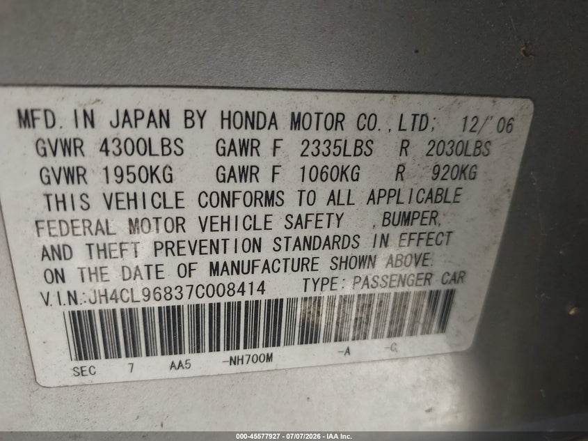 2007 Acura Tsx VIN JH4CL96837C008414 IAAI salvage auction — UNKNOWN, Clear - Dealer Only (California), sold $850 on 2026-07-15 (photo 9)