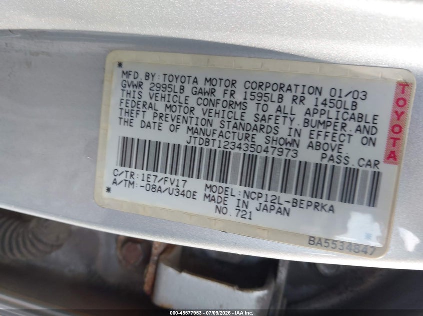 2003 Toyota Echo VIN JTDBT123435047973 IAAI salvage auction — NORMAL WEAR, Clear (Pennsylvania), sold $900 on 2026-07-28 (photo 9)