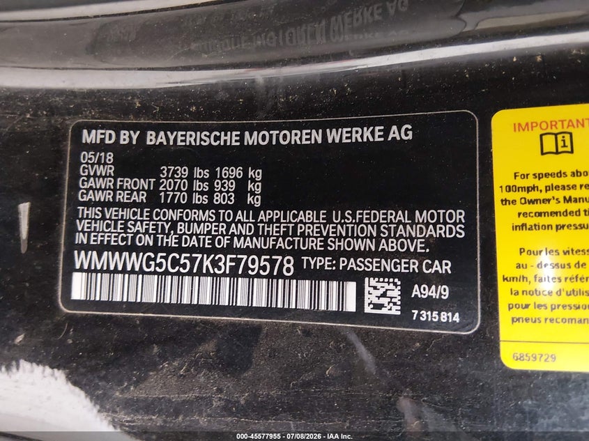2019 Mini Convertible VIN WMWWG5C57K3F79578 IAAI salvage auction — FRONT END, Bill Of Sale (Washington), sold $1,575 on 2026-08-17 (photo 9)