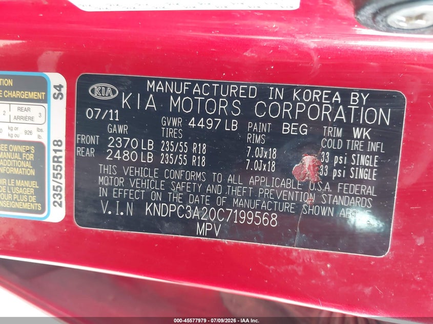 2012 Kia Sportage VIN KNDPC3A20C7199568 IAAI salvage auction — SIDE, Salvage (Missouri), sold $1,250 on 2026-08-02 (photo 9)