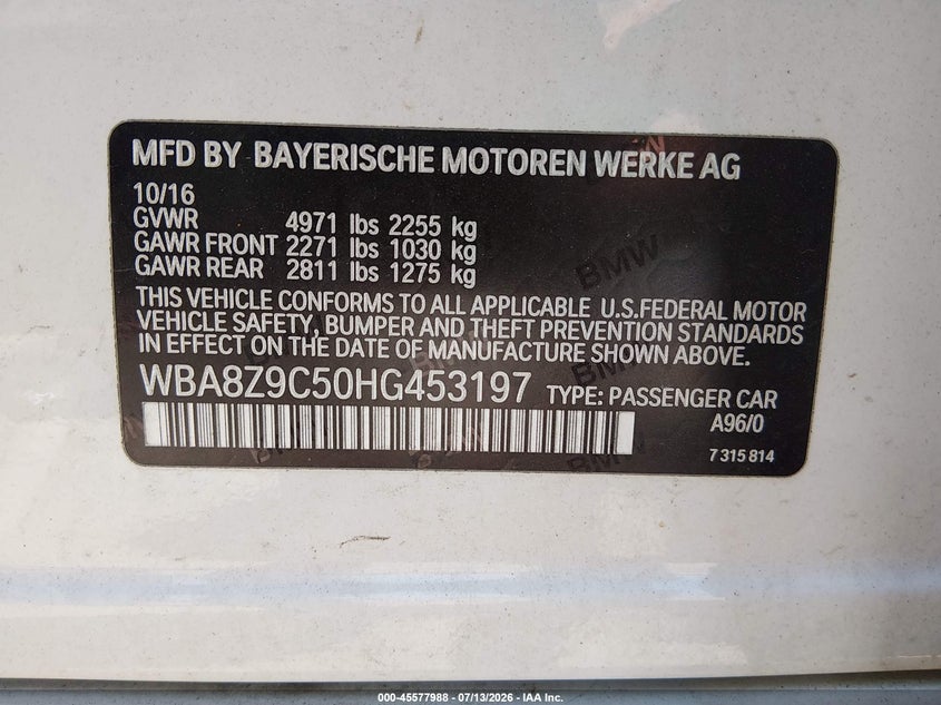 2017 BMW 3er VIN WBA8Z9C50HG453197 IAAI salvage auction — UNKNOWN, Salvage (Massachusetts), sold $1,725 on 2026-08-12 (photo 9)