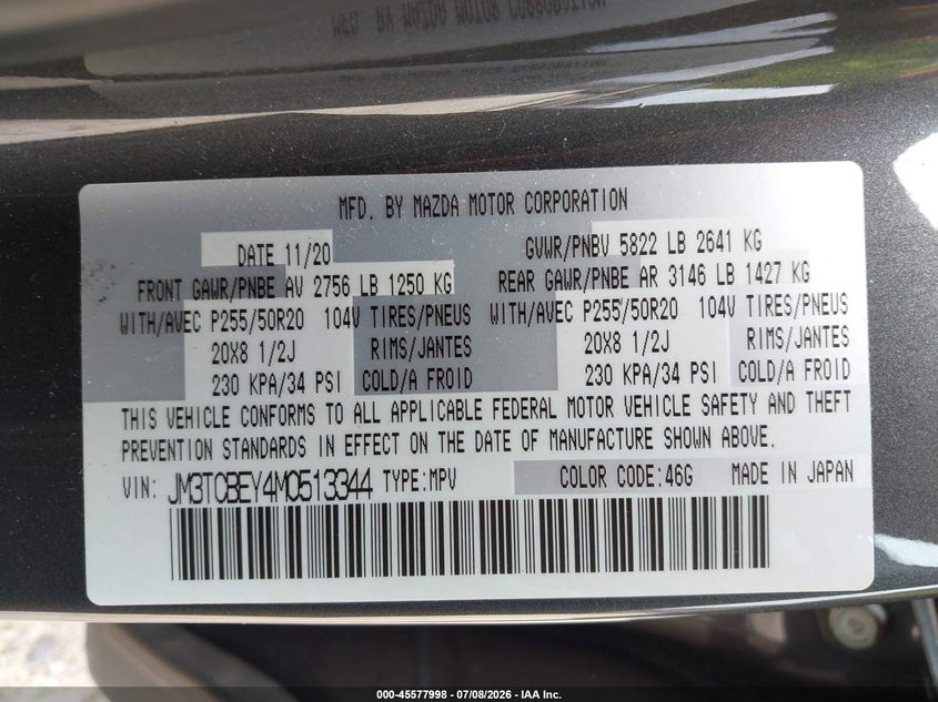 2021 Mazda Cx-9 VIN JM3TCBEY4M0513344 IAAI salvage auction — LEFT FRONT, Salvage Title, sold $5,800 on 2026-07-29 (photo 9)