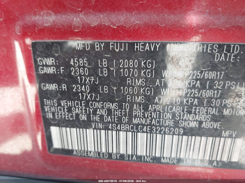 2014 Subaru Outback VIN 4S4BRCLC4E3226209 IAAI salvage auction — NORMAL WEAR, Original (Texas), sold $1,450 on 2026-07-18 (photo 9)