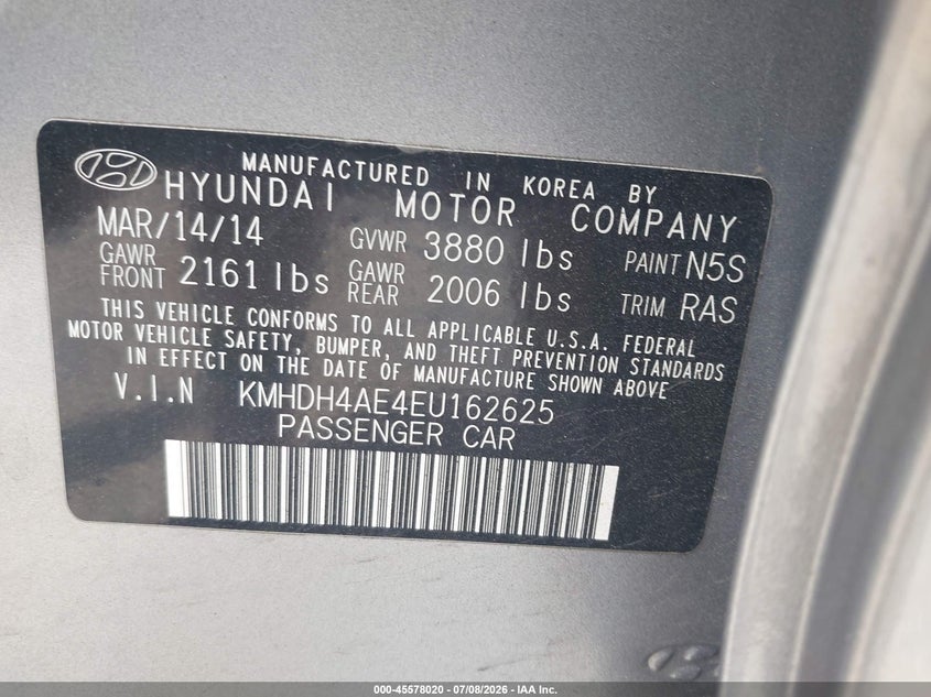 2014 Hyundai Elantra VIN KMHDH4AE4EU162625 IAAI salvage auction — NORMAL WEAR, Original (Ohio), sold $2,250 on 2026-07-20 (photo 9)