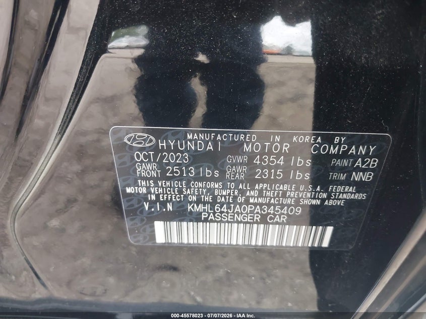 2023 Hyundai Sonata VIN KMHL64JA0PA345409 IAAI salvage auction — FRONT END, Salvage Title, sold $3,800 on 2026-07-24 (photo 9)