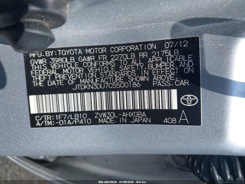 2012 Toyota Prius VIN JTDKN3DU7C5500186 IAAI salvage auction — NORMAL WEAR, Salvage Title, sold $2,550 on 2026-07-16 (photo 9)