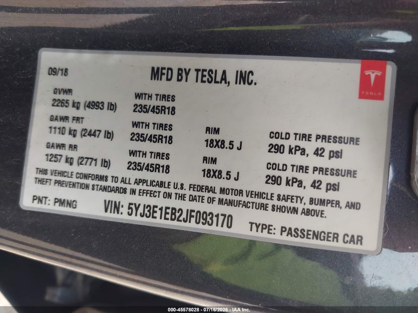 2018 Tesla Model 3 VIN 5YJ3E1EB2JF093170 IAAI salvage auction — RIGHT FRONT, Salvage Title, sold $5,200 on 2026-07-23 (photo 9)