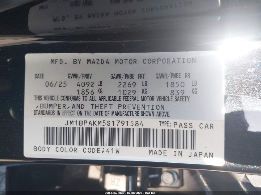 2025 Mazda 3 VIN JM1BPAKM5S1791584 IAAI salvage auction — FRONT END, Salvage Title, sold $5,800 on 2026-08-02 (photo 9)
