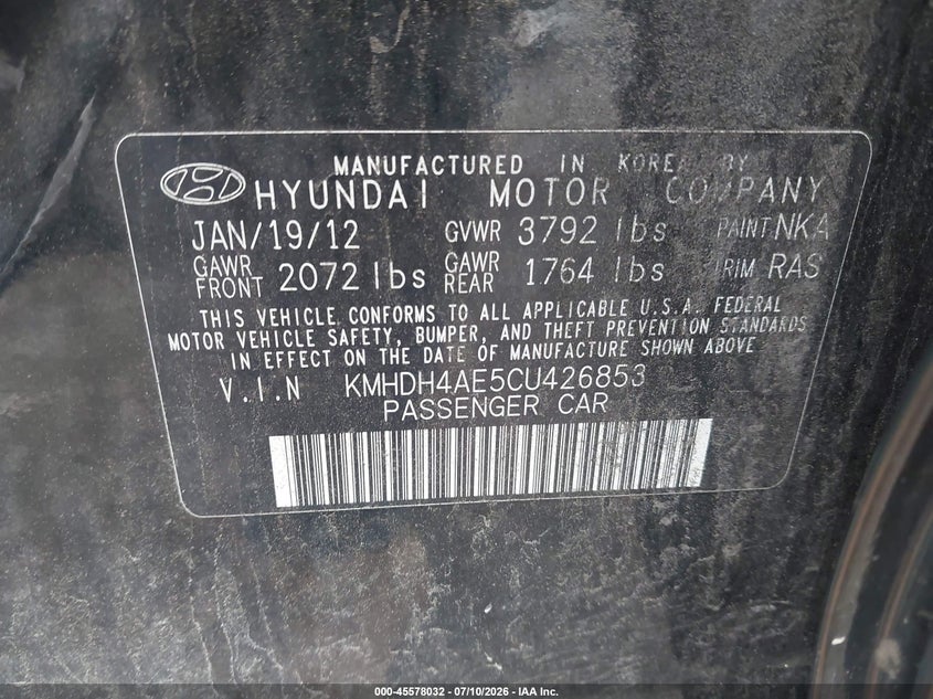 2012 Hyundai Elantra VIN KMHDH4AE5CU426853 IAAI salvage auction — NORMAL WEAR, Clear (Pennsylvania), sold $575 on 2026-07-20 (photo 9)