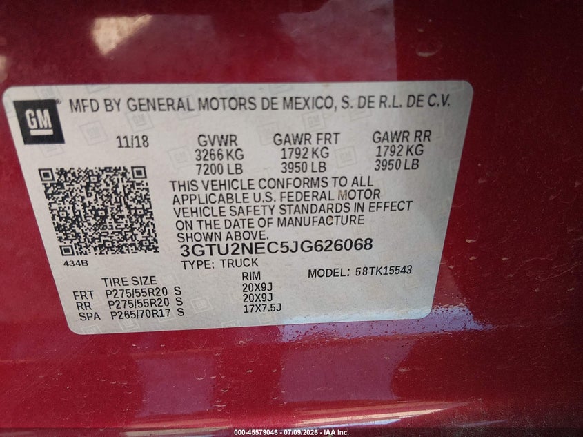 2018 Gmc SIERRA VIN 3GTU2NEC5JG626068 IAAI salvage auction — LEFT & RIGHT, Salvage (North Carolina), sold $8,500 on 2026-07-30 (photo 9)