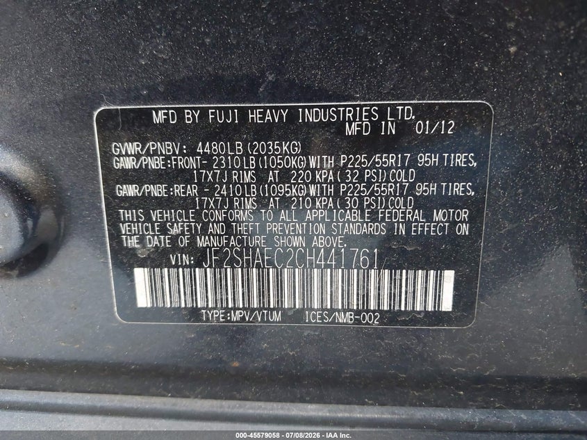 2012 Subaru Forester VIN JF2SHAEC2CH441761 IAAI salvage auction — FRONT & REAR, Salvage Title, sold $400 on 2026-07-22 (photo 9)