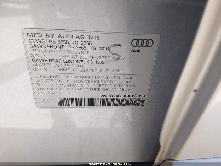 2016 Audi Q5 VIN WA1D7AFP0GA091390 IAAI salvage auction — NORMAL WEAR, Clear (Illinois), sold $950 on 2026-07-21 (photo 9)