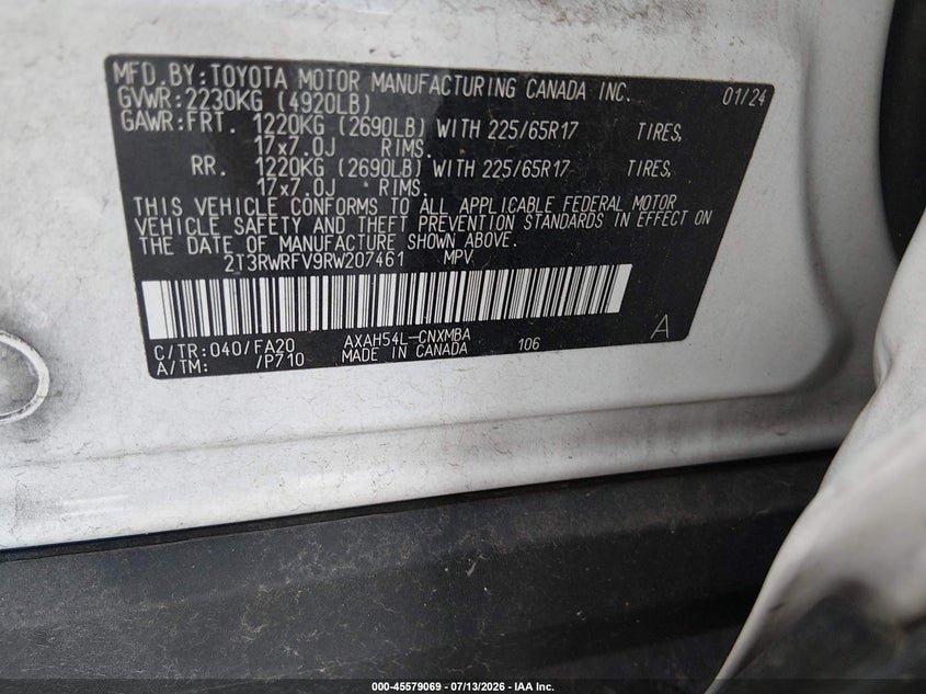 2024 Toyota Rav 4 VIN 2T3RWRFV9RW207461 IAAI salvage auction — HAIL, Salvage Title, sold $15,800 on 2026-07-30 (photo 9)