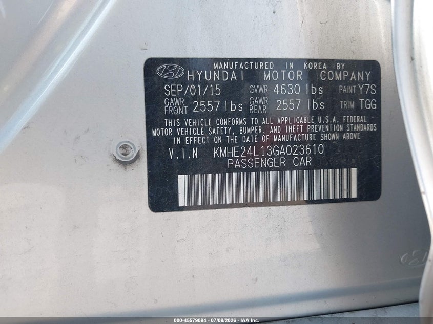 2016 Hyundai Sonata VIN KMHE24L13GA023610 IAAI salvage auction — FRONT END, Junk Bill Of Sale Mv2459 (Wisconsin), sold $875 on 2026-07-28 (photo 9)