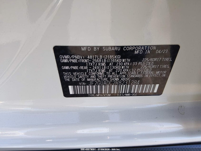 2024 Subaru Xv VIN JF2GUADC2R8231284 IAAI salvage auction — LEFT REAR, Salvage Title, sold $7,850 on 2026-08-28 (photo 9)