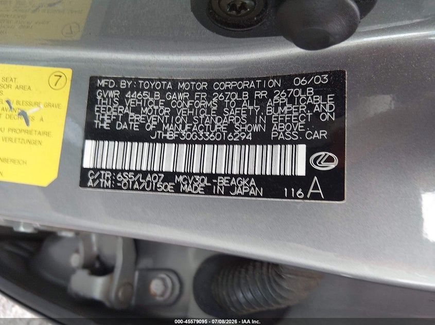 2003 Lexus Es 300 VIN JTHBF30G336016294 IAAI salvage auction — FRONT END, Salvage (Pennsylvania), sold $325 on 2026-07-31 (photo 9)
