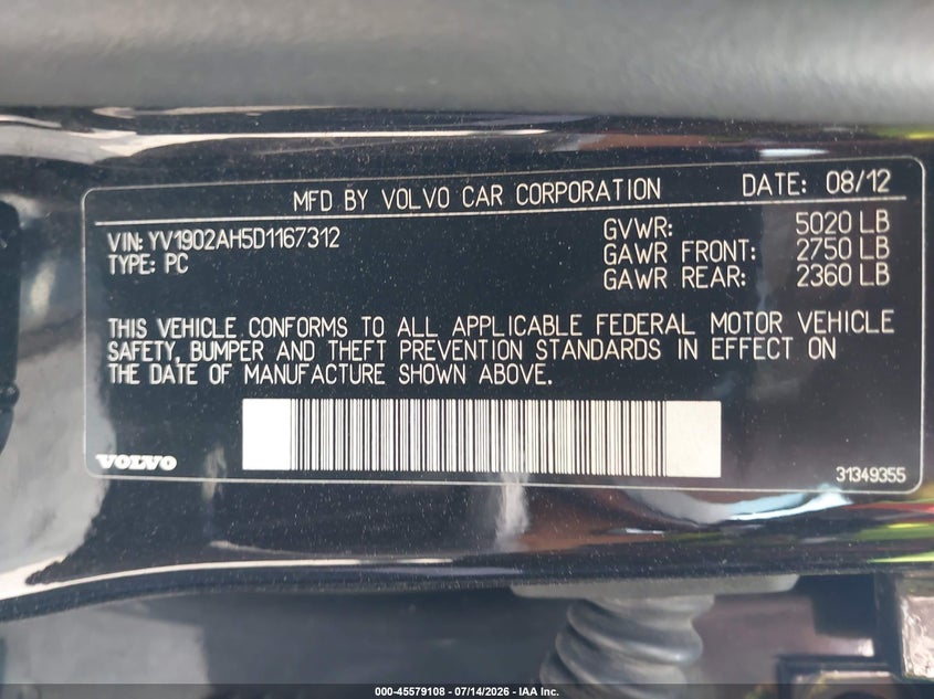 2013 Volvo S80 VIN YV1902AH5D1167312 IAAI salvage auction — LEFT SIDE, Salvage Title, sold $650 on 2026-07-24 (photo 9)