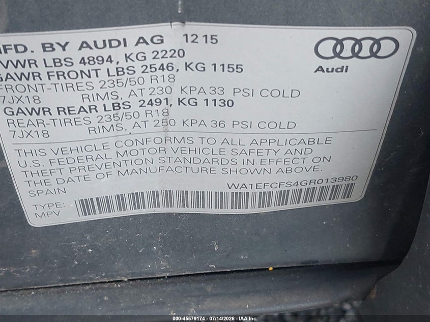 2016 Audi Q3 VIN WA1EFCFS4GR013980 IAAI salvage auction — SIDE, Salvage - 75% Or Less (Maryland), sold $3,300 on 2026-07-30 (photo 9)