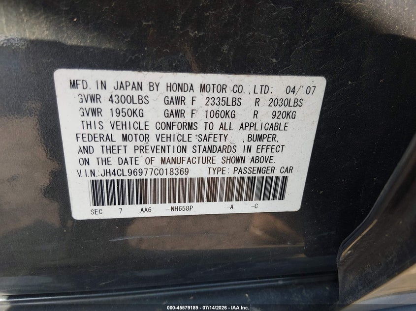 2007 Acura Tsx VIN JH4CL96977C018369 IAAI salvage auction — REAR END, Clear (Massachusetts), sold $400 on 2026-07-26 (photo 9)