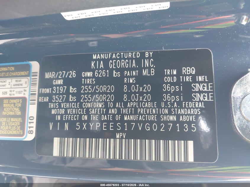 2027 Kia Telluride VIN 5XYPEES17VG027135 IAAI salvage auction — LEFT FRONT, Salvage Title, sold $18,600 on 2026-08-01 (photo 9)
