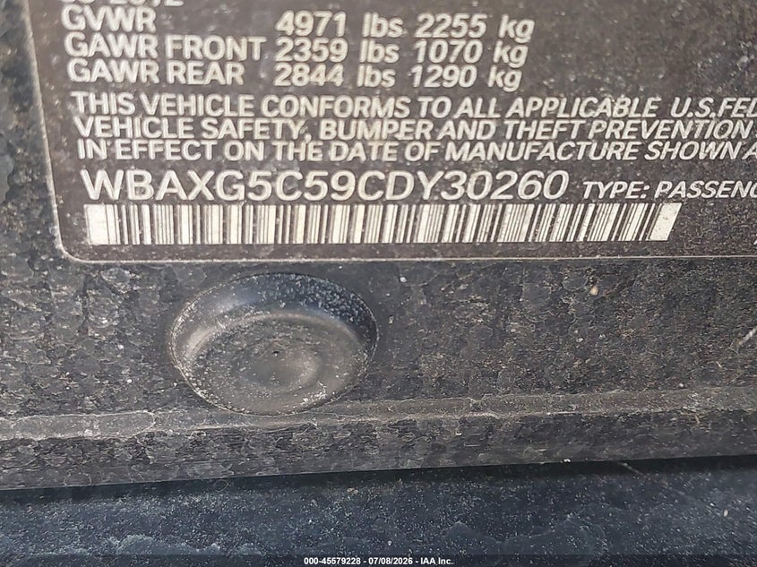 2012 BMW 5 series VIN WBAXG5C59CDY30260 IAAI salvage auction — NORMAL WEAR, Original (Texas), sold $75 on 2026-07-17 (photo 9)
