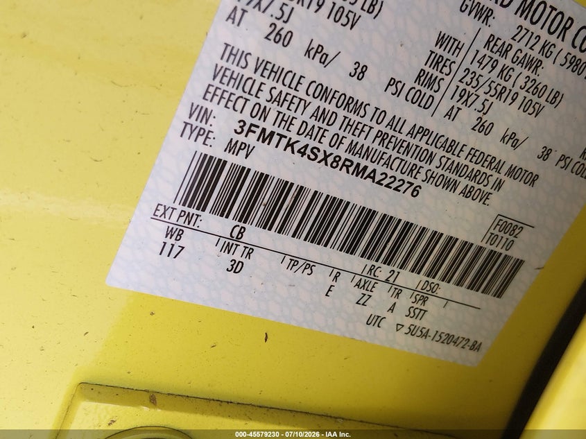2024 Ford Mustang mach-e VIN 3FMTK4SX8RMA22276 IAAI salvage auction — SIDE, Salvage Title, sold $14,000 on 2026-08-21 (photo 9)