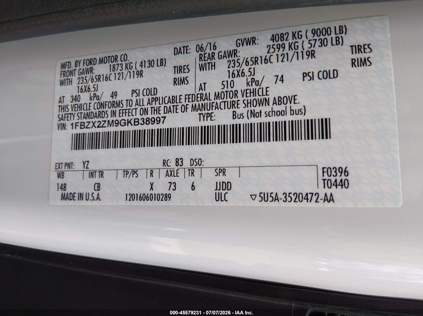 2016 Ford Transit-350 VIN 1FBZX2ZM9GKB38997 IAAI salvage auction — NORMAL WEAR, SF97 (Virginia), sold $26,450 on 2026-07-22 (photo 9)