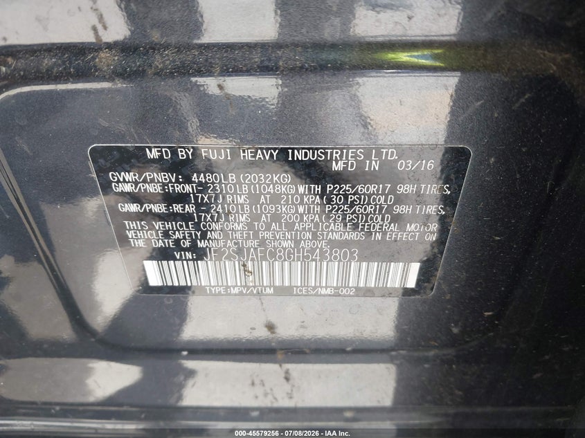 2016 Subaru Forester VIN JF2SJAFC8GH543803 IAAI salvage auction — REAR END, Salvage (California), sold $1,850 on 2026-07-20 (photo 9)