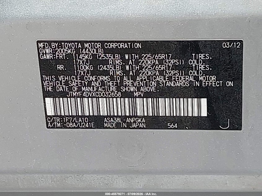 2012 Toyota Rav 4 VIN JTMYF4DVXCD032658 IAAI salvage auction — LEFT REAR, Salvage Title, sold $375 on 2026-07-30 (photo 9)