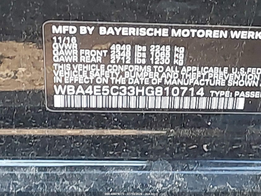 2017 BMW 4er VIN WBA4E5C33HG810714 IAAI salvage auction — FRONT & REAR, Mv-907A (New York), sold $3,350 on 2026-07-21 (photo 9)