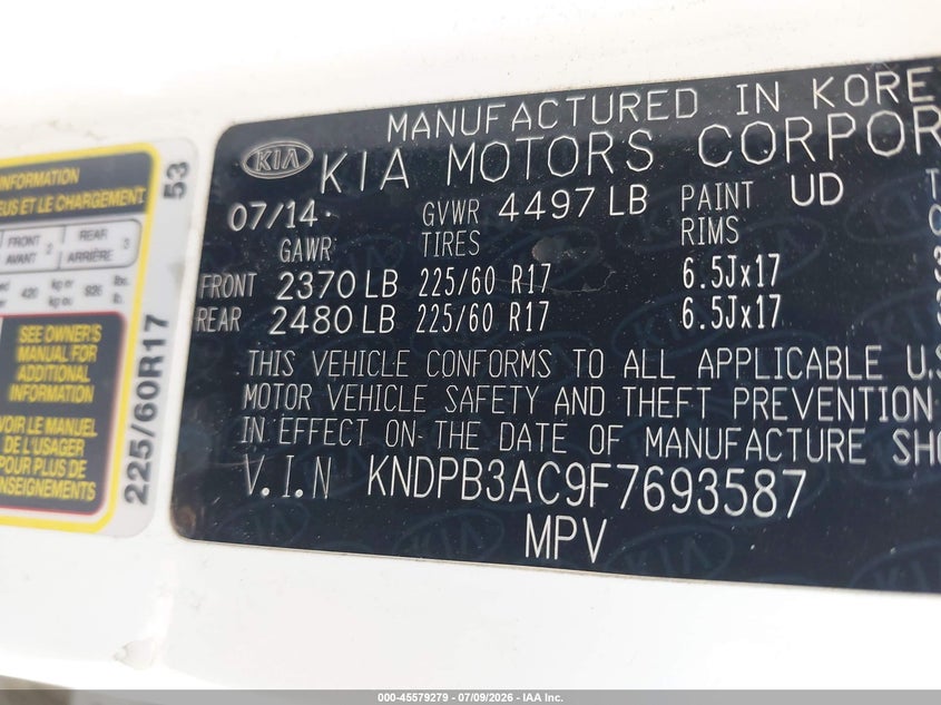 2015 Kia Sportage VIN KNDPB3AC9F7693587 IAAI salvage auction — FRONT END, Mv-907A (New York), sold $1,900 on 2026-07-11 (photo 9)