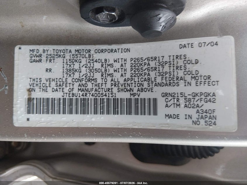 2004 Toyota 4runner VIN JTEBU14R740054151 IAAI salvage auction — NORMAL WEAR, Clear (Rhode Island), sold $1,050 on 2026-07-21 (photo 9)
