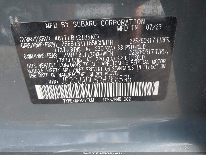 2024 Subaru Xv VIN JF2GUADC6RH268595 IAAI salvage auction — RIGHT FRONT, Salvage (Ohio), sold $2,250 on 2026-07-28 (photo 9)