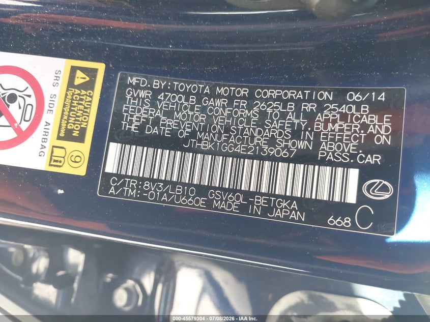 2014 Lexus ES VIN JTHBK1GG4E2139067 IAAI salvage auction — FRONT END, Salvage (Pennsylvania), sold $3,750 on 2026-07-31 (photo 9)