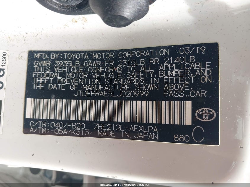 2020 Toyota Corolla VIN JTDEPRAE5LJ020999 IAAI salvage auction — NORMAL WEAR, Clear (Maryland), sold $3,400 on 2026-07-29 (photo 9)