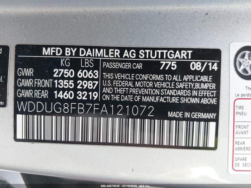 2015 Mercedes-benz S-klasse VIN WDDUG8FB7FA121072 IAAI salvage auction — FRONT END, Wait Title, sold $2,650 on 2026-08-12 (photo 9)