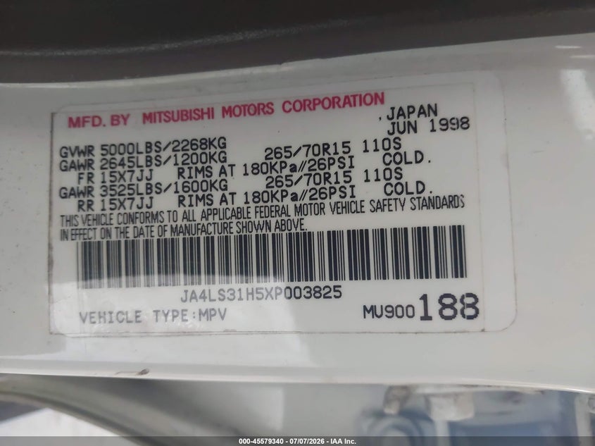 1999 Mitsubishi Montero VIN JA4LS31H5XP003825 IAAI salvage auction — NORMAL WEAR, Clear (Tennessee), sold $600 on 2026-07-13 (photo 9)