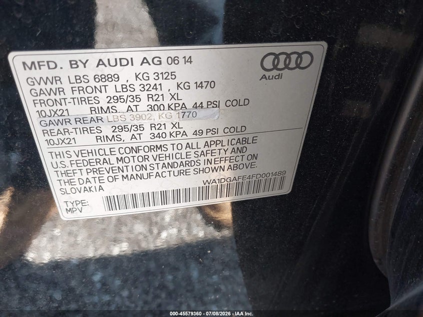 2015 Audi Q7 VIN WA1DGAFE4FD001489 IAAI salvage auction — REPOSSESSION, Salvage Title, sold $25 on 2026-07-28 (photo 9)
