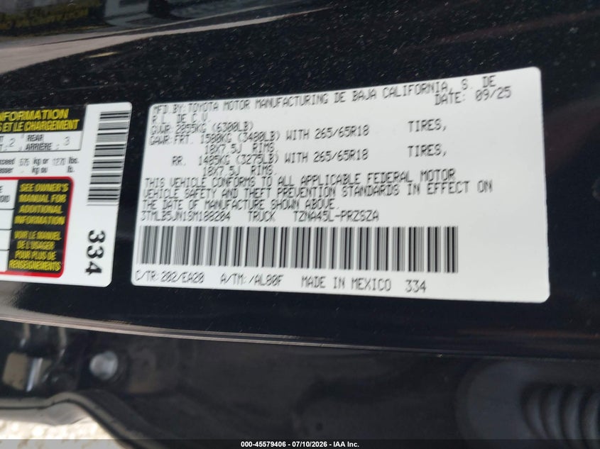2025 Toyota Tacoma VIN 3TMLB5JN1SM188204 IAAI salvage auction — LEFT FRONT, Salvage Title, sold $25,250 on 2026-08-01 (photo 9)